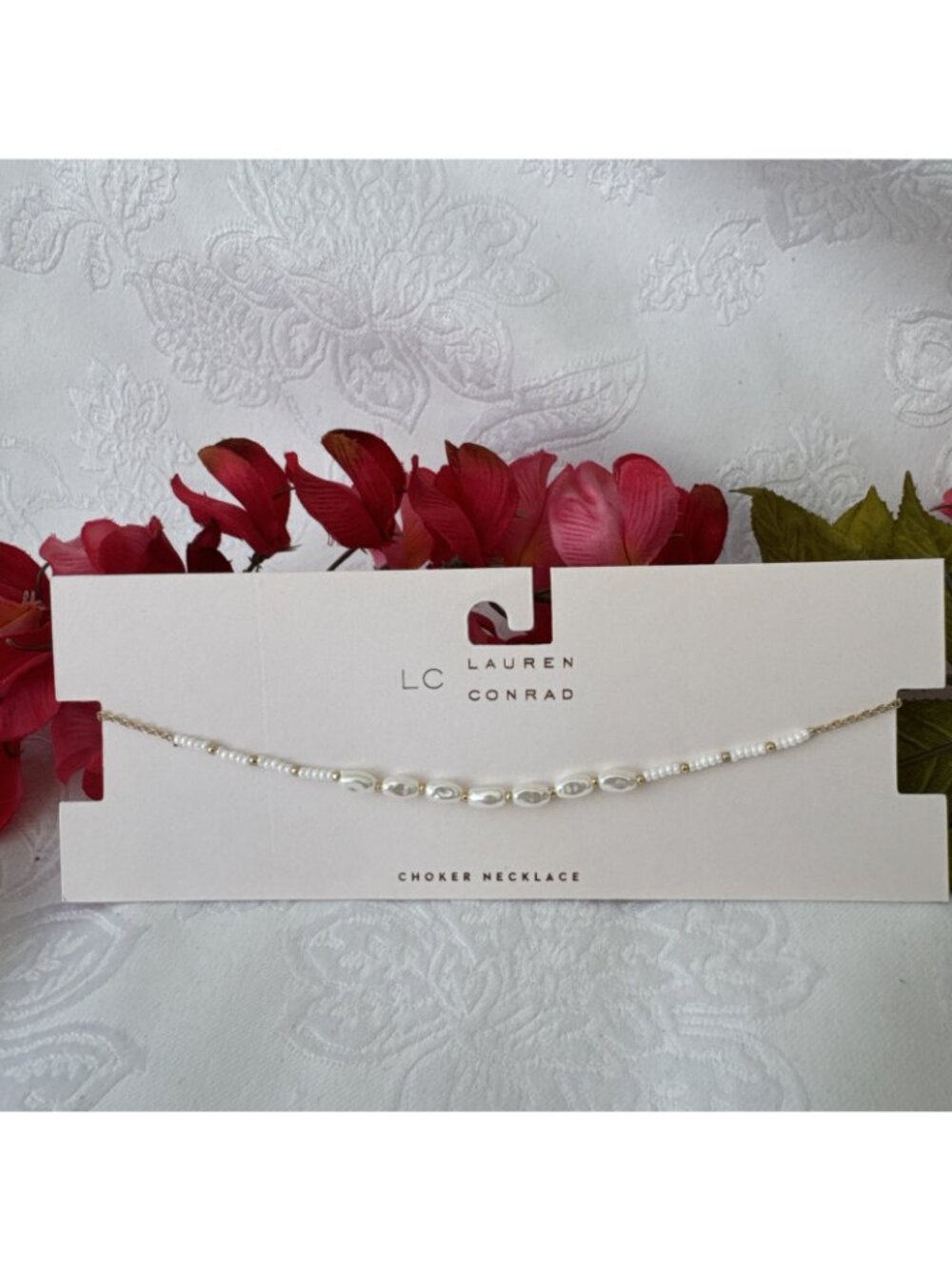 LC Lauren Conrad Dainty Seed Pearls Goldtone Charm 13" Choker Necklace NWT - Picture 4 of 9